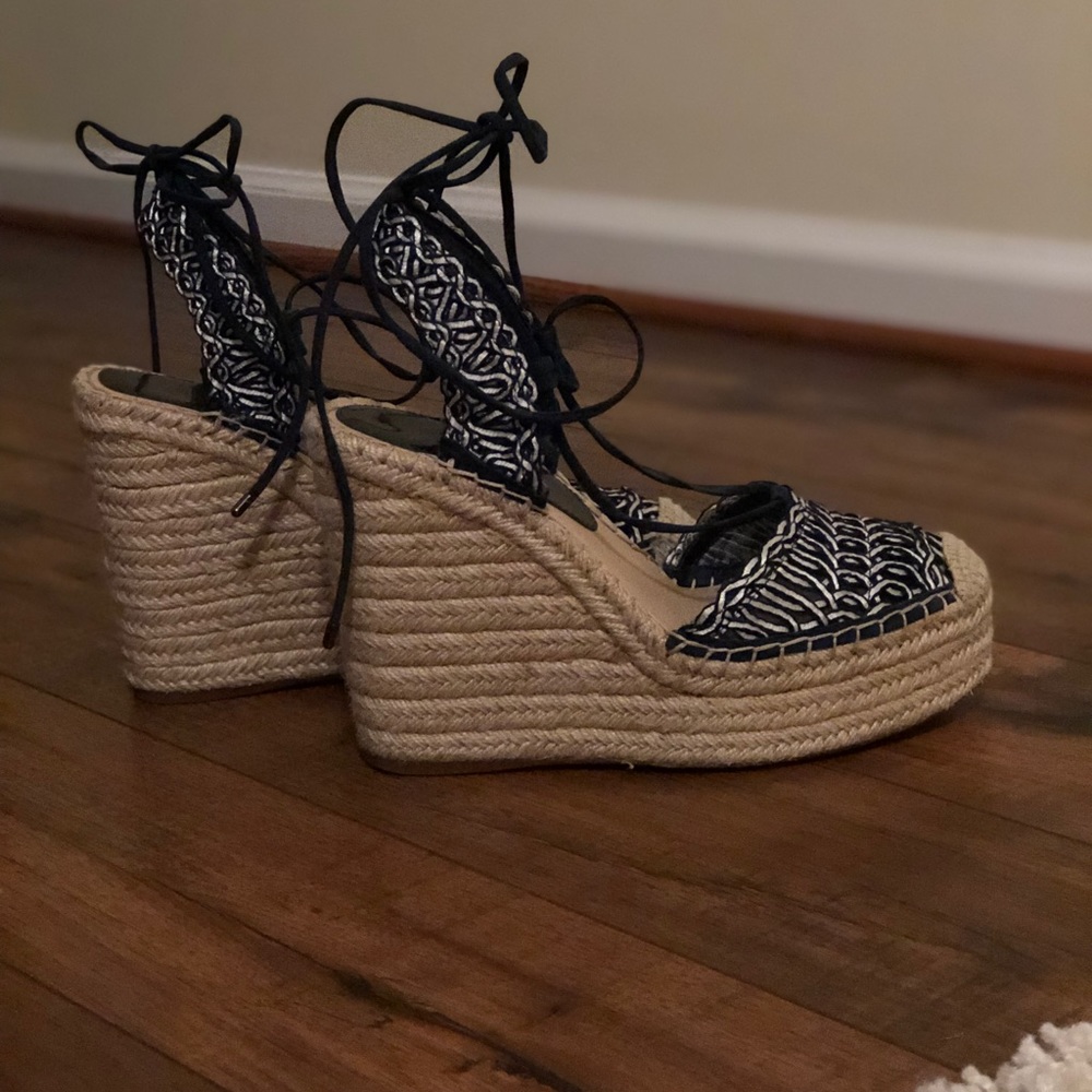 Gianni Bini Blue & White Lace-Up Espadrille Wedges
